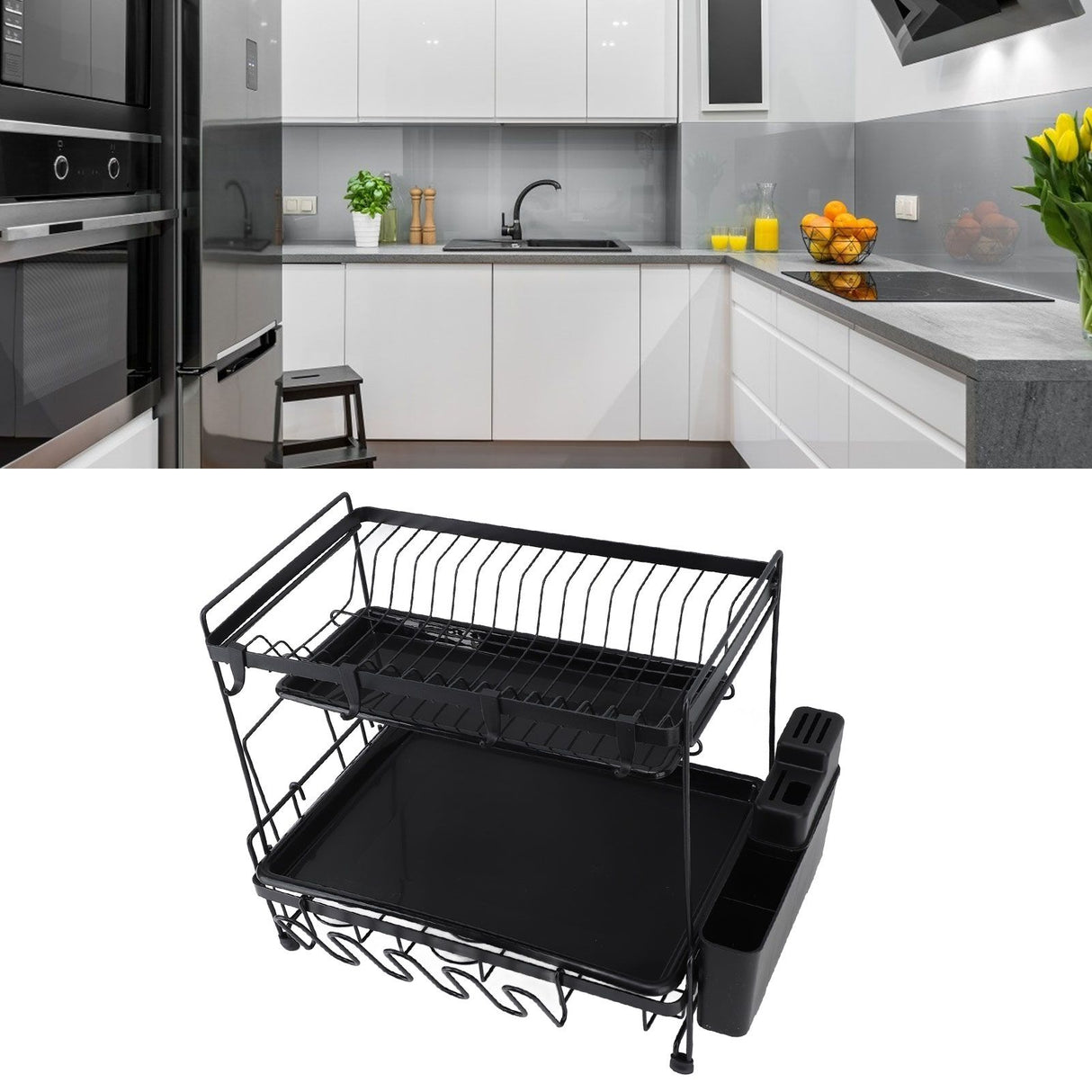 Dish Drying Rack 2 Layer Foldable Versatile Convenient Storage Dish Drainer Rack with Utensil Holder for Home