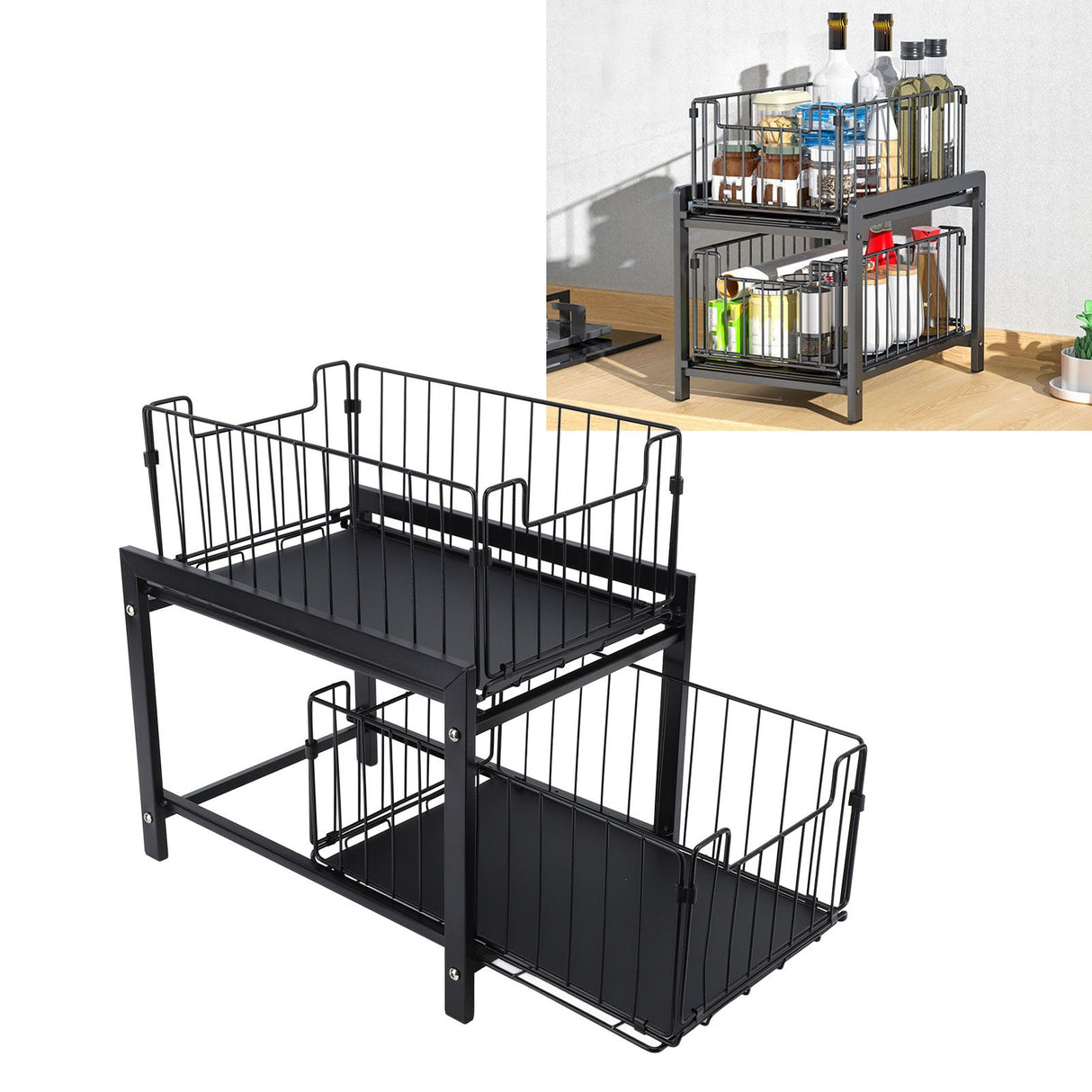 Under Sink Organizer Iron 2 Tier Pull Out Spice Rack Countertop Storage Shelf for Kitchen Bathroom Cabinet