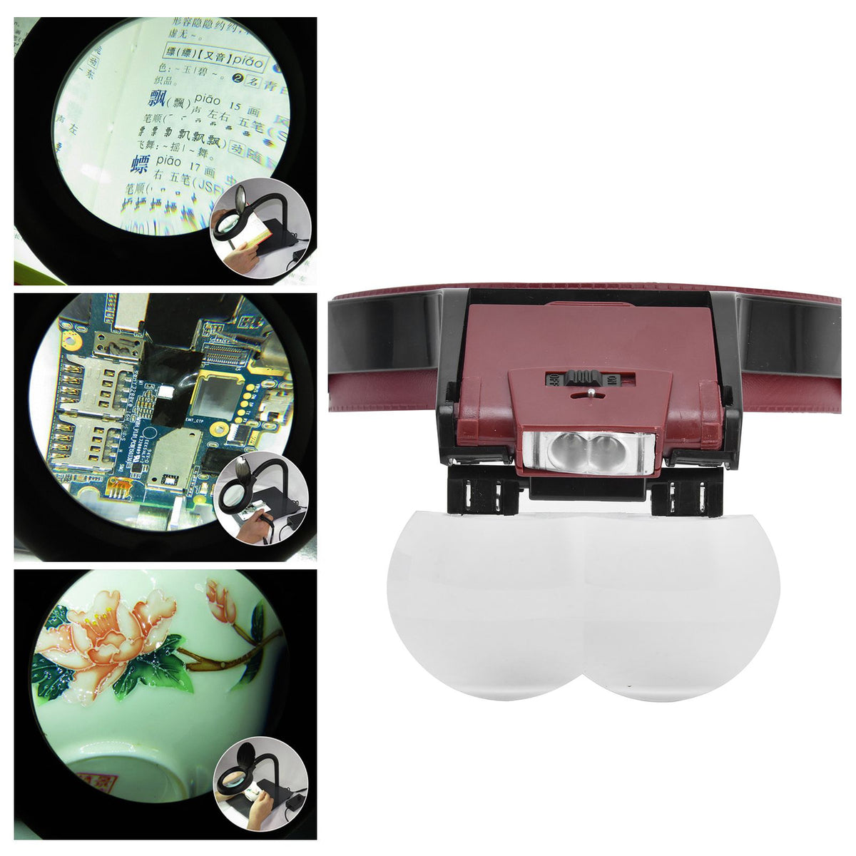 LED Head-mounted Jewelry Magnifying Glass Four Groups of Lenses Head-mounted Magnifier for Reading Painting Repairing Appreciating Jewelry