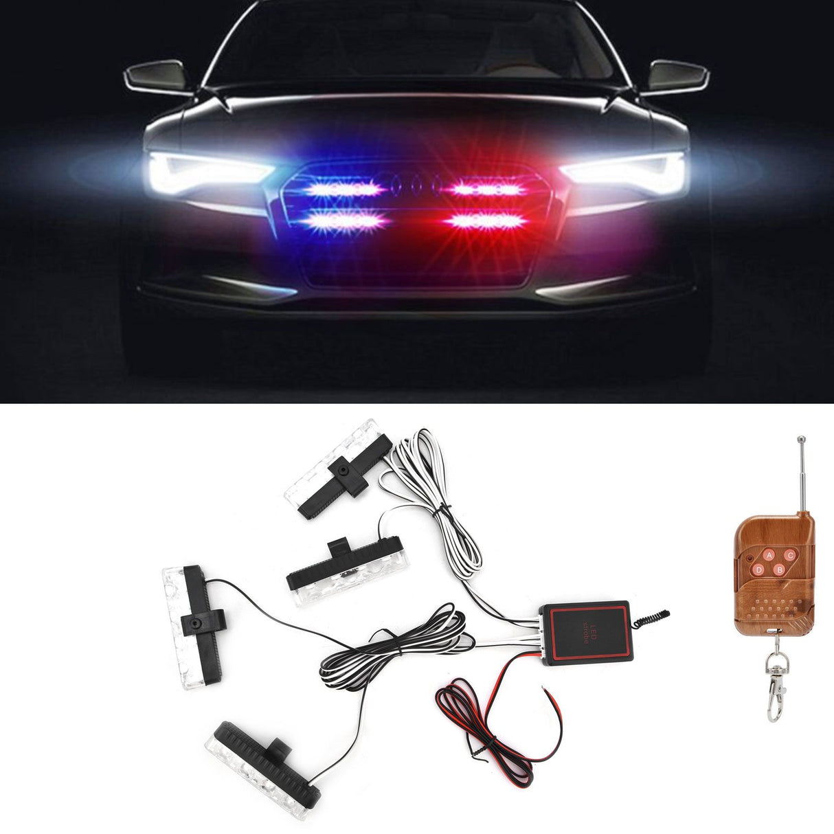 LED Red Blue Emergency Strobe Light 4x4LED Sync Flash Warning Lights 12V with Remote Control