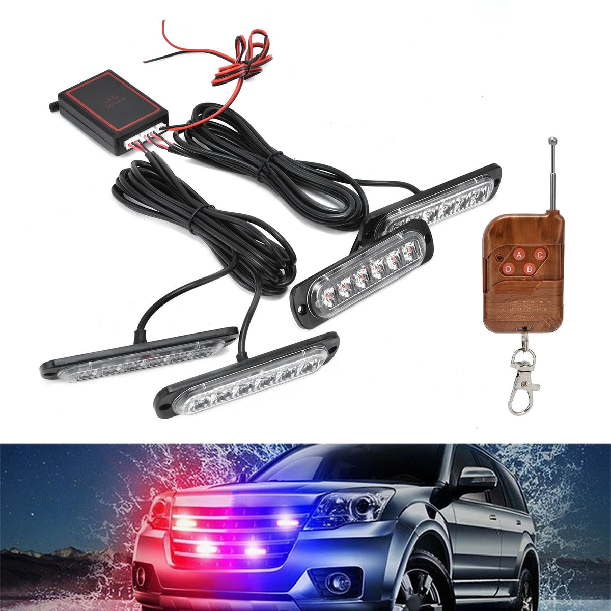Car 4x6LED Sync Red Blue Strobe Flash Light LED Emergency Warning Lamp 12V with Remote Control