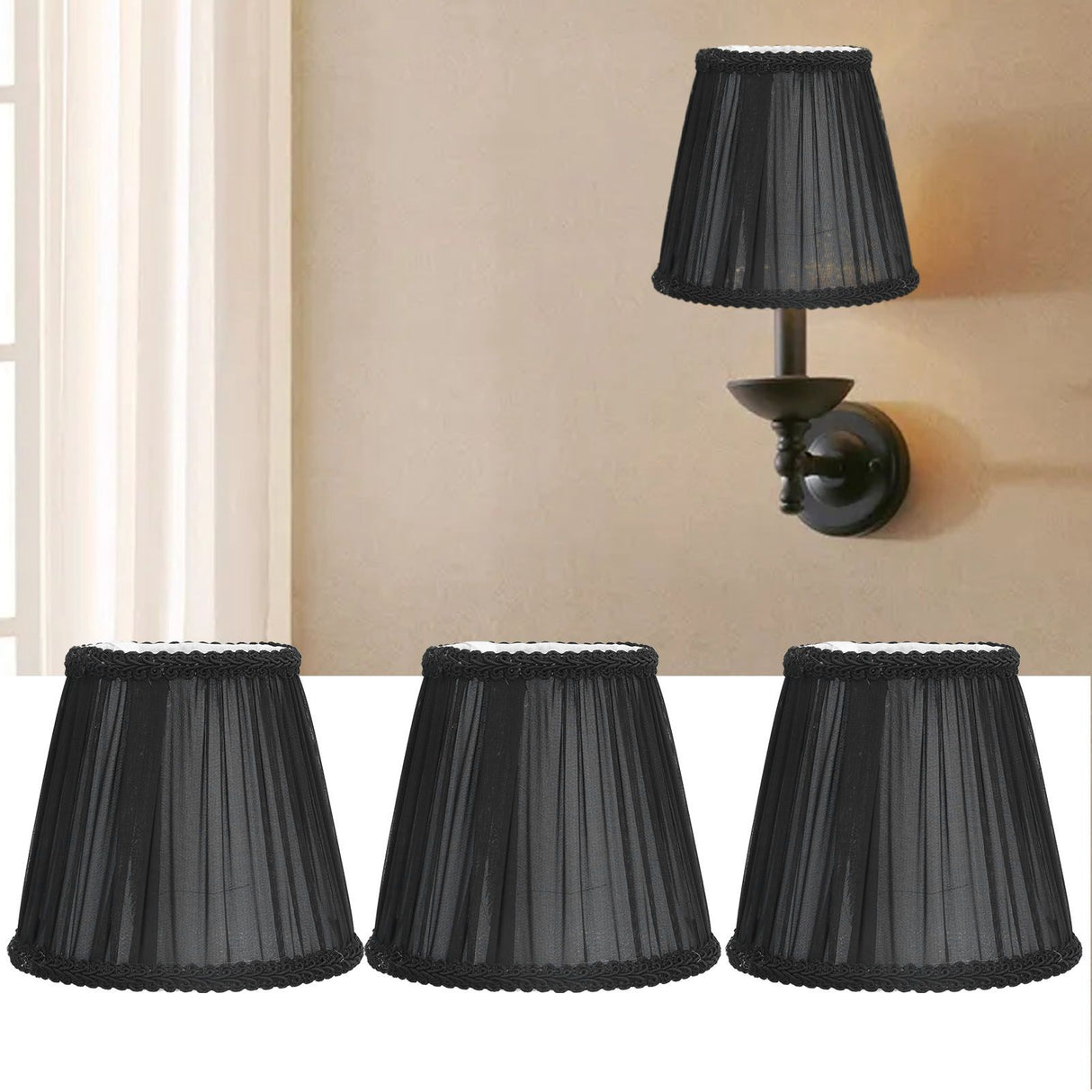 3PCS E14 ClipOn Cloth Lamp Shade Modern Fabric Lampshade Table Light Cover for Candle Chandelier(Black )