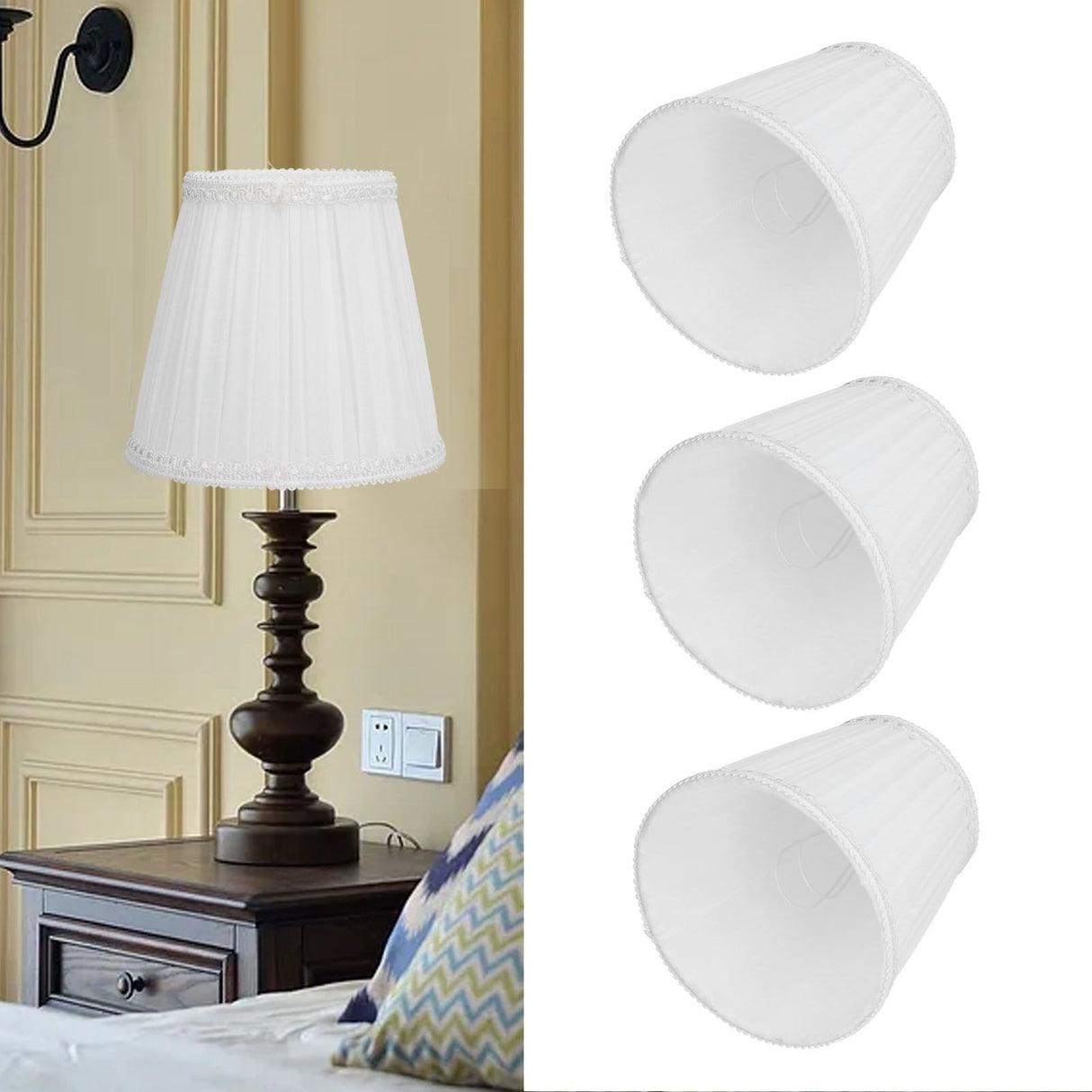 3PCS E14 ClipOn Cloth Lamp Shade Modern Fabric Lampshade Table Light Cover for Candle Chandelier(White )