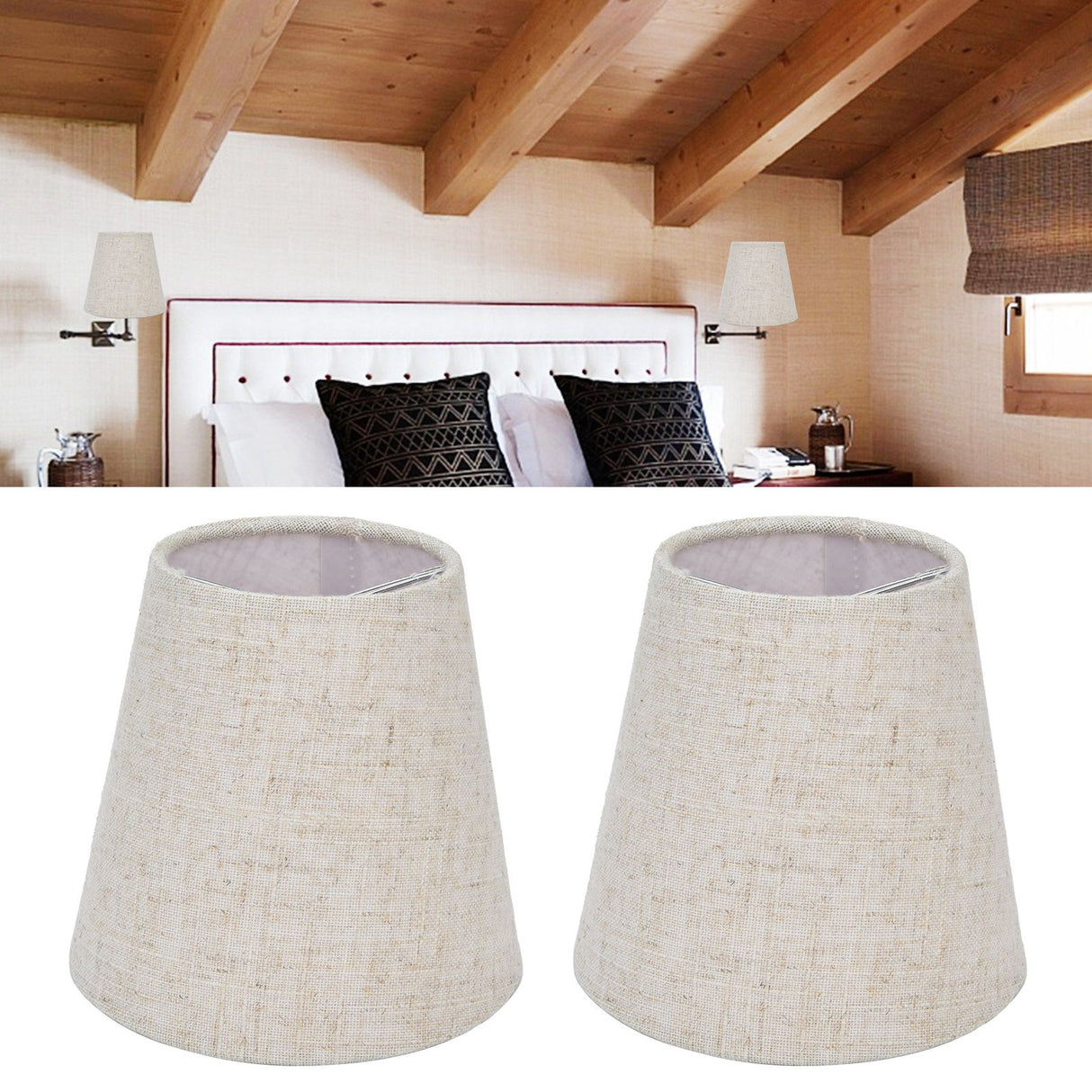 2PCS Table Lamp Shade Cover Fabric Clip On Lampshade for E14 Screw Candlestick Lamp ChandelierPT13 Beige White Edge