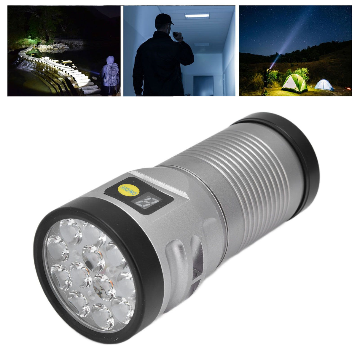 Brightest Flashlight LED 8 Modes Type C 9000mAh Waterproof Multifunctional Outdoor Light for CampingGrey
