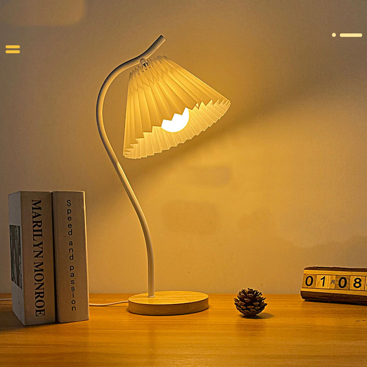 Table Lamp with Cloth Pleated Lampshade Metal Modern Nightstand Bedside Lamp for Bedroom Living Room White