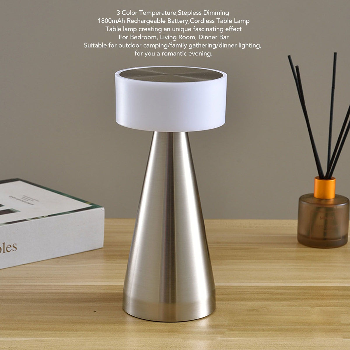 Portable LED Table Lamp 3 Color Temperatures Stepless Dimming 1800mAh Rechargeable Battery Nightstand Lamp Bedside Lamp Silver