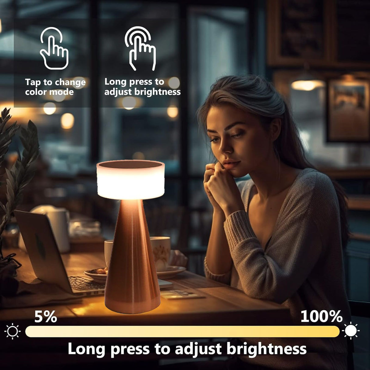 Portable LED Table Lamp 3 Color Temperatures Stepless Dimming 1800mAh Rechargeable Battery Nightstand Lamp Bedside Lamp Rose Gold