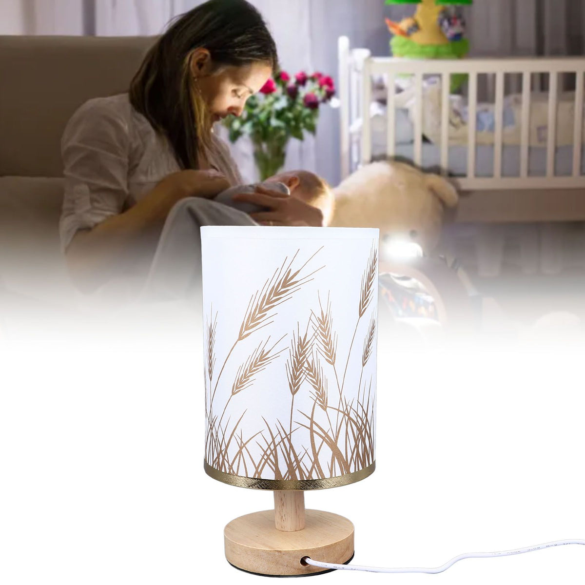 Small Table Lamp for Bedroom Dimmable LED Bedside Lamps Solid Wood USB Night Stand Lamp with Wheat Spike Lampshade Eye Caring