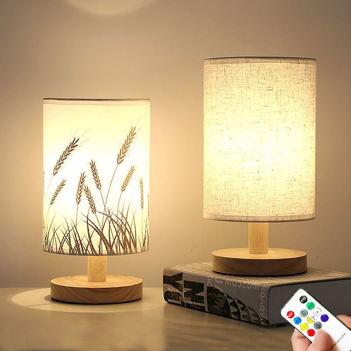 Small Table Lamp for Bedroom Dimmable LED Bedside Lamps Solid Wood USB Night Stand Lamp with Wheat Spike Lampshade Eye Caring
