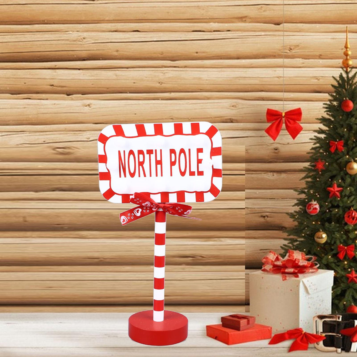Christmas Stop Here Decor Metal Solid Wood LED Delicate Santa Stop Here Tree Topper for Christmas Party Rectangle 15.8x8x28.5cm