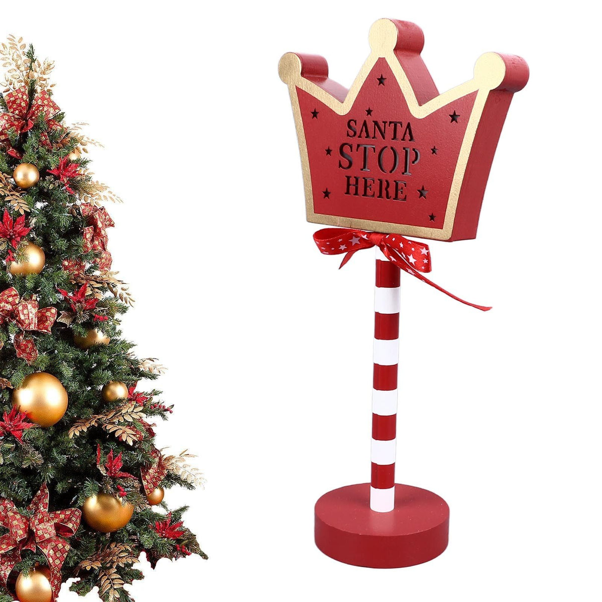 Christmas Stop Here Decor Metal Solid Wood LED Delicate Santa Stop Here Tree Topper for Christmas Party Crown 15.5x8.5x30.5cm