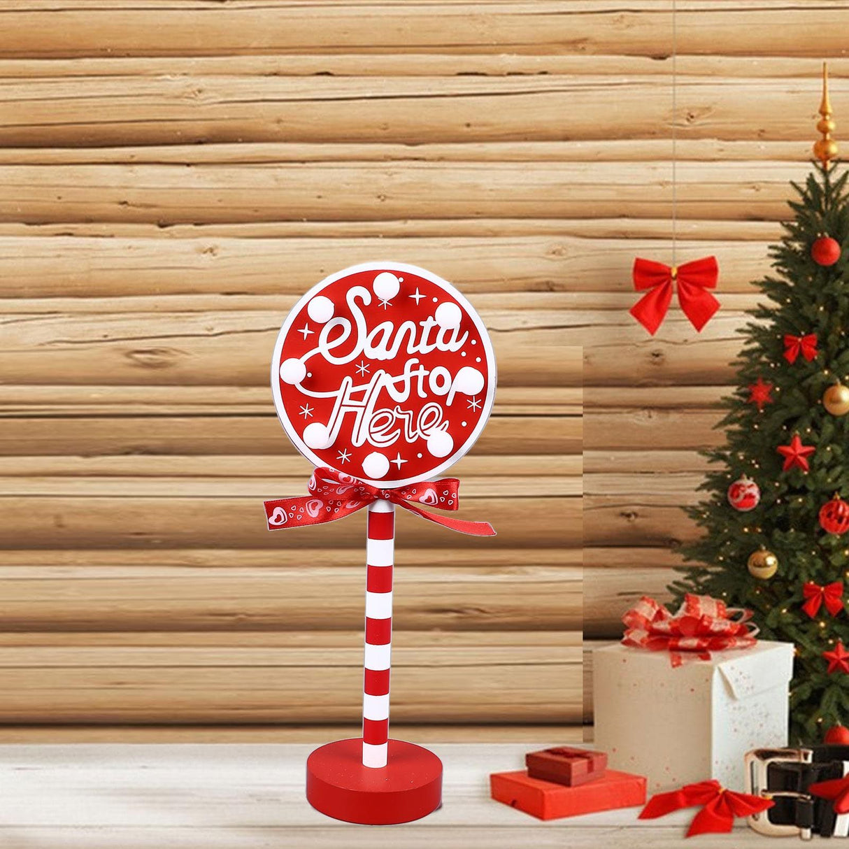 Christmas Stop Here Decor Metal Solid Wood LED Delicate Santa Stop Here Tree Topper for Christmas Party Round 12x8x30.5cm