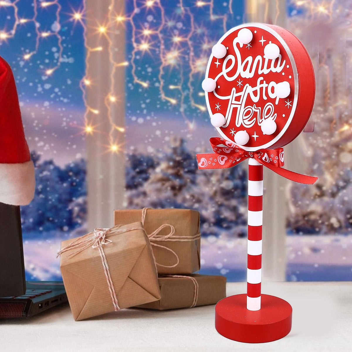 Christmas Stop Here Decor Metal Solid Wood LED Delicate Santa Stop Here Tree Topper for Christmas Party Round 12x8x30.5cm