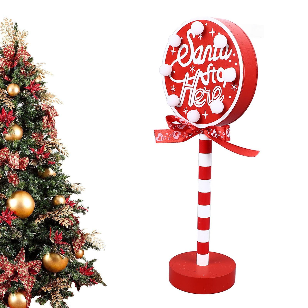 Christmas Stop Here Decor Metal Solid Wood LED Delicate Santa Stop Here Tree Topper for Christmas Party Round 12x8x30.5cm