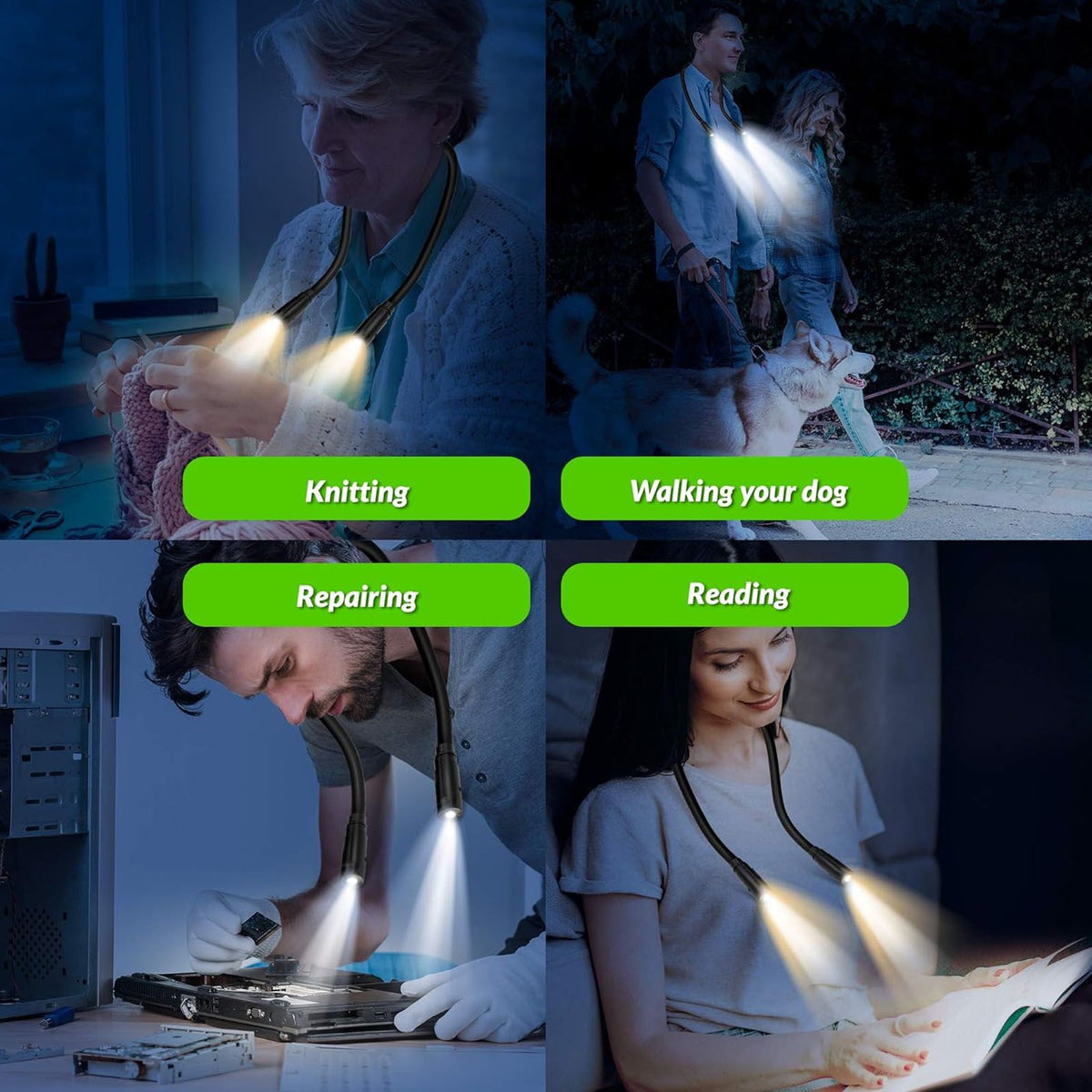 LED Neck Reading Light 3 Colors 3 Bright Level 1000mAh Rechargeable Battery Bendable Arms Book Light for Knitting