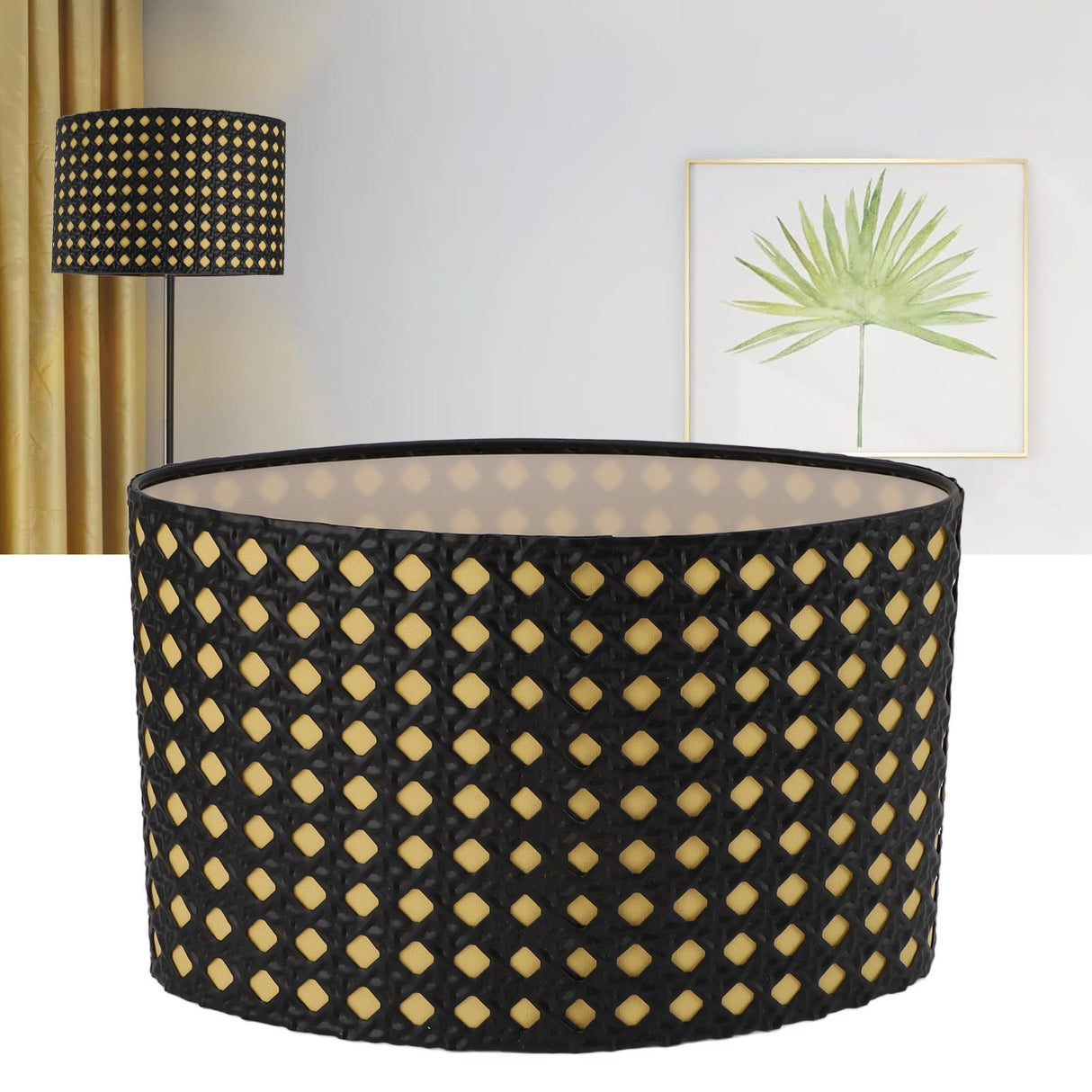 Lampshade Oval Shaped Hollow Metal Carved Compatible E27 E14 Caliber Lampholders Lamp Cover for Office Bedroom Living Room Black and Yellow Liner