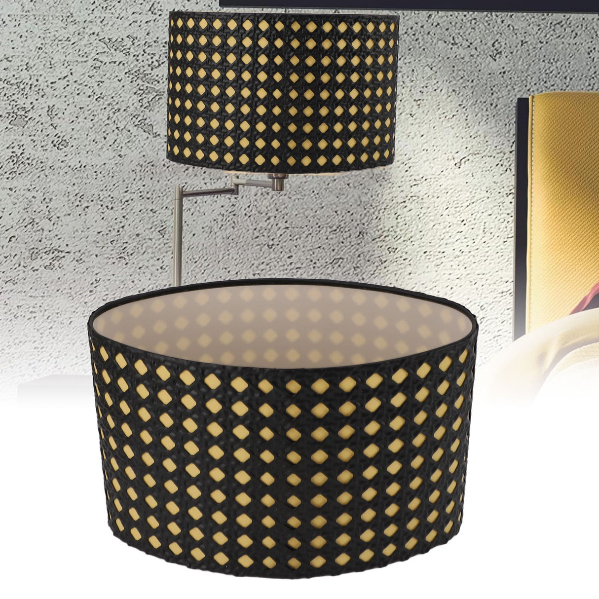 Lampshade Oval Shaped Hollow Metal Carved Compatible E27 E14 Caliber Lampholders Lamp Cover for Office Bedroom Living Room Black and Yellow Liner