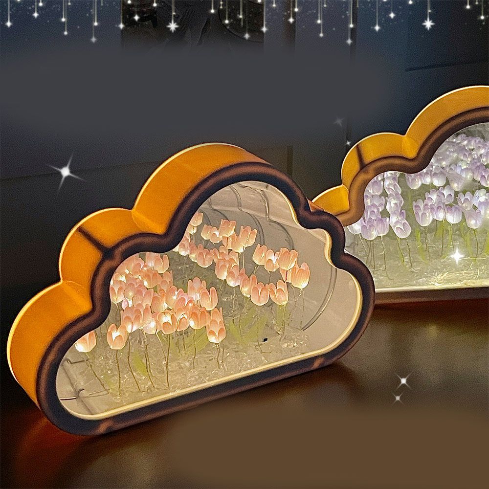 Tulip Cloud Mirror Night Lights 20 Pink Flowers Plastic Built in Batteries DIY Cloud Mirror Tulip Lamp for Birthday Valentine's Day