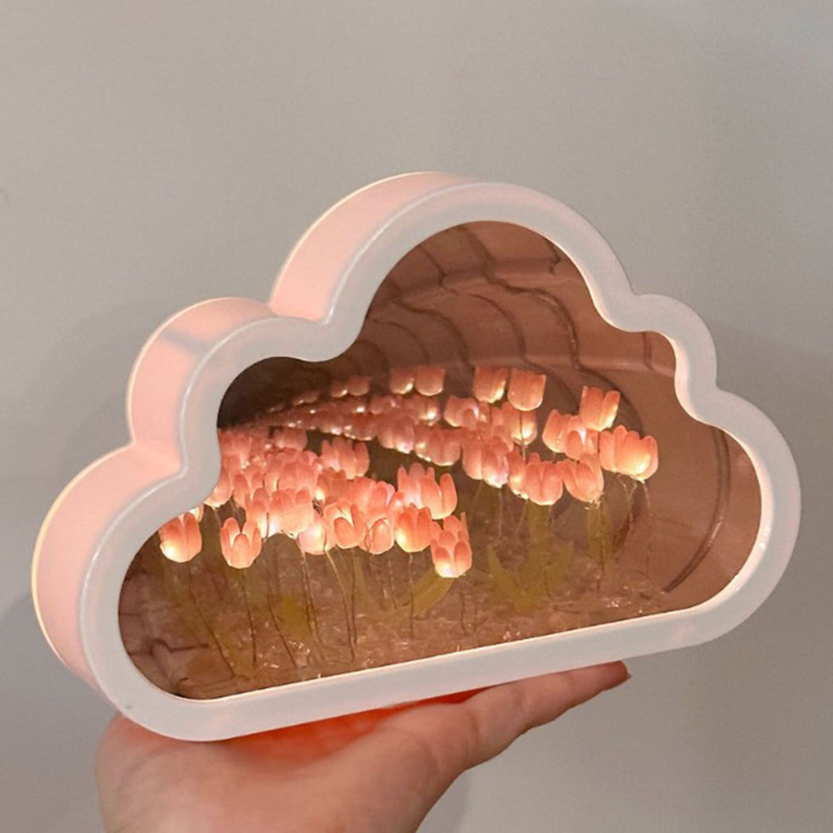Tulip Cloud Mirror Night Lights 20 Pink Flowers Plastic Built in Batteries DIY Cloud Mirror Tulip Lamp for Birthday Valentine's Day
