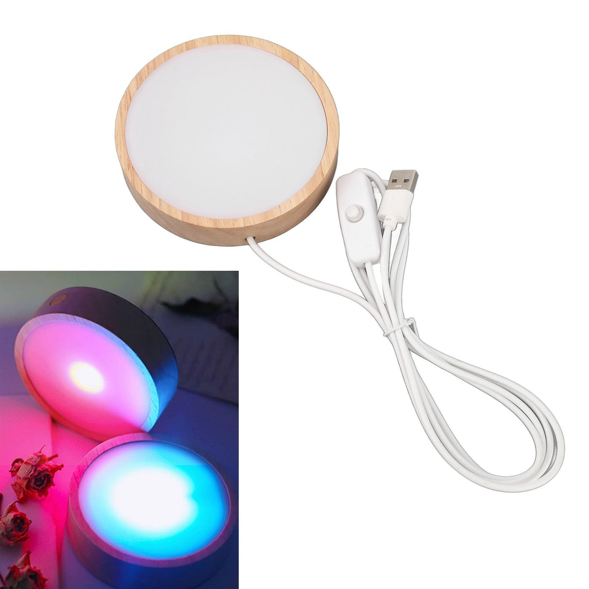 LED Lights Display Base RGB Round Wooden Lighted Base Stand LED Display Stand for Acrylic Glass Resin Art Color Light