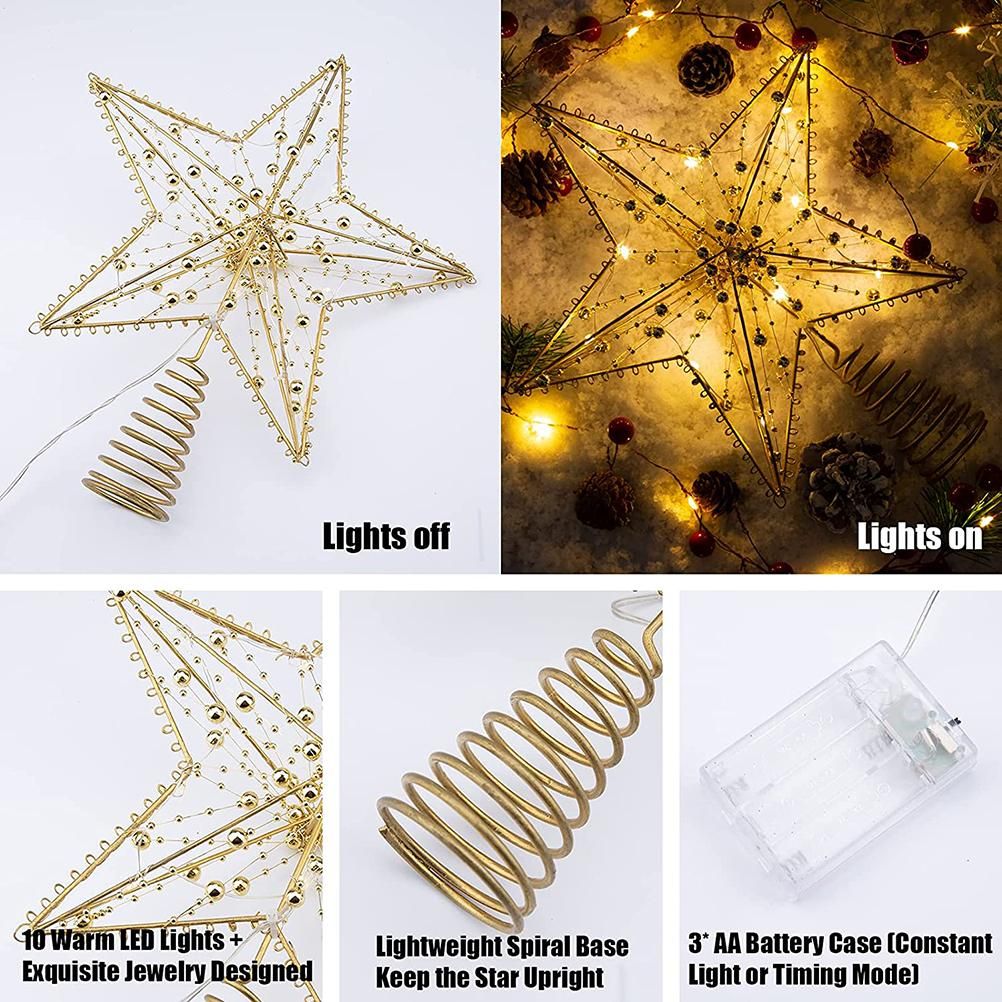 Christmas Tree Topper Star with LED String Light Glitter Christmas Tree Top Star Lamp for Christmas Home Decoration