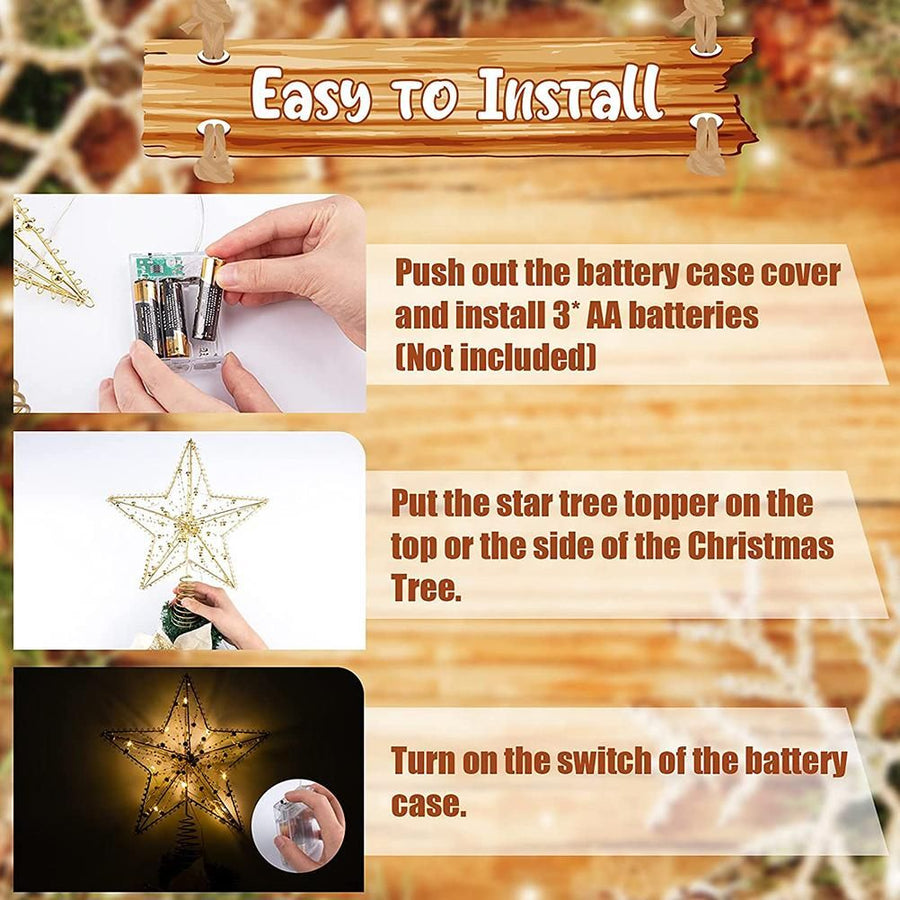 Christmas Tree Topper Star with LED String Light Glitter Christmas Tree Top Star Lamp for Christmas Home Decoration