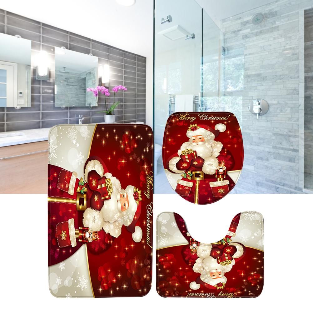 3Pcs Christmas Mat Sets Santa Claus Non Slip Mat Bathroom Doormat Toilet Seat Cover U Shaped Toilet Floor Mat