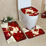 3Pcs Christmas Mat Sets Santa Claus Non Slip Mat Bathroom Doormat Toilet Seat Cover U Shaped Toilet Floor Mat - Top-Down View