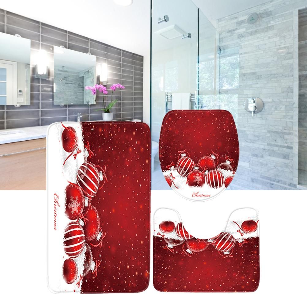3Pcs Christmas Mat Sets Santa Claus Non Slip Mat Bathroom Doormat Toilet Seat Cover U Shaped Toilet Floor Mat