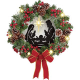 Christmas Wreath with Jesus Red Berry Pine Cone Nativity Scene LED Lights String Wreath Mixed Holiday Decorations