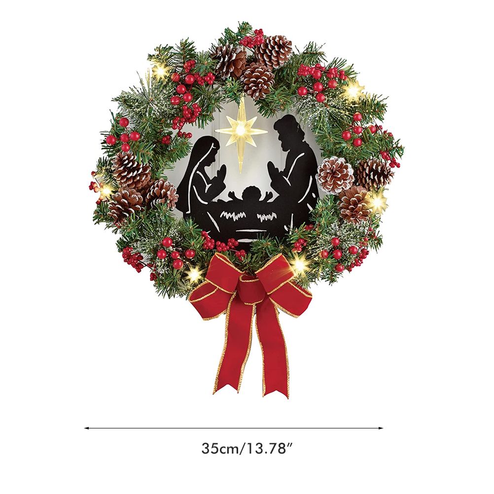 Christmas Wreath with Jesus Red Berry Pine Cone Nativity Scene LED Lights String Wreath Mixed Holiday Decorations