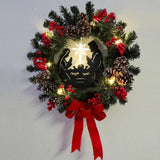 Christmas Wreath with Jesus Red Berry Pine Cone Nativity Scene LED Lights String Wreath Mixed Holiday Decorations