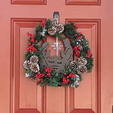 Christmas Wreath with Jesus Red Berry Pine Cone Nativity Scene LED Lights String Wreath Mixed Holiday Decorations