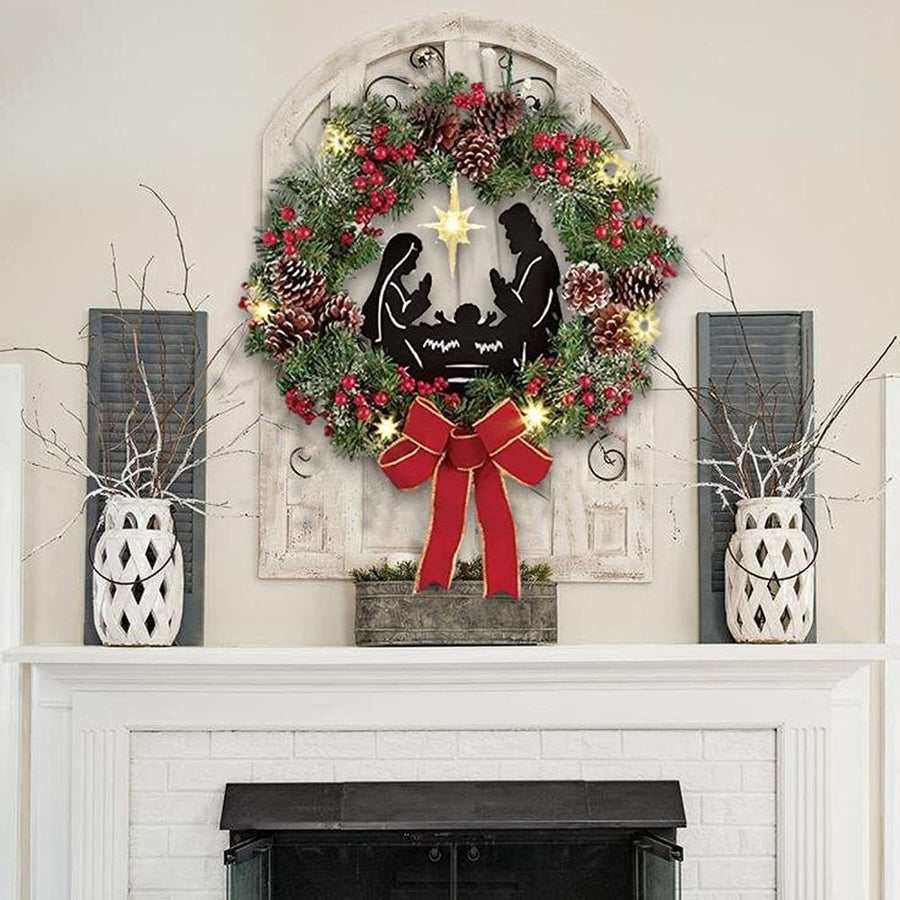 Christmas Wreath with Jesus Red Berry Pine Cone Nativity Scene LED Lights String Wreath Mixed Holiday Decorations