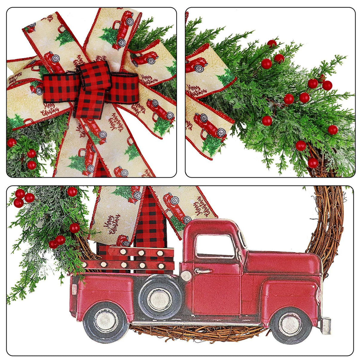 Red Truck Christmas Wreath Fall Wreath for Front Door Decorations for Farmhouse Autumns Harvest Halloween Thanksgiving