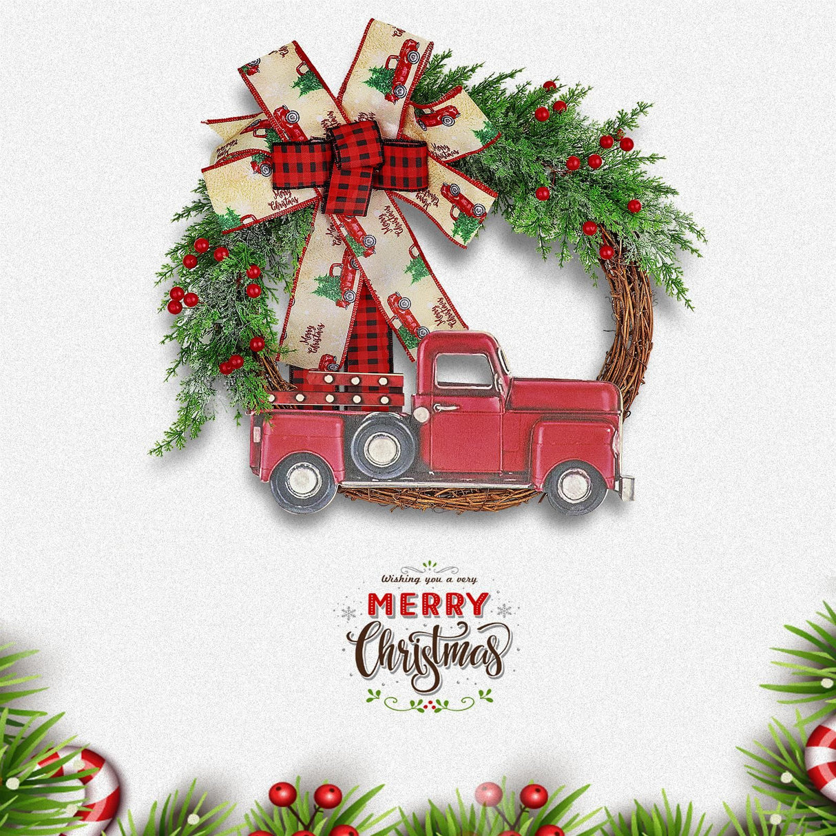 Red Truck Christmas Wreath Fall Wreath for Front Door Decorations for Farmhouse Autumns Harvest Halloween Thanksgiving