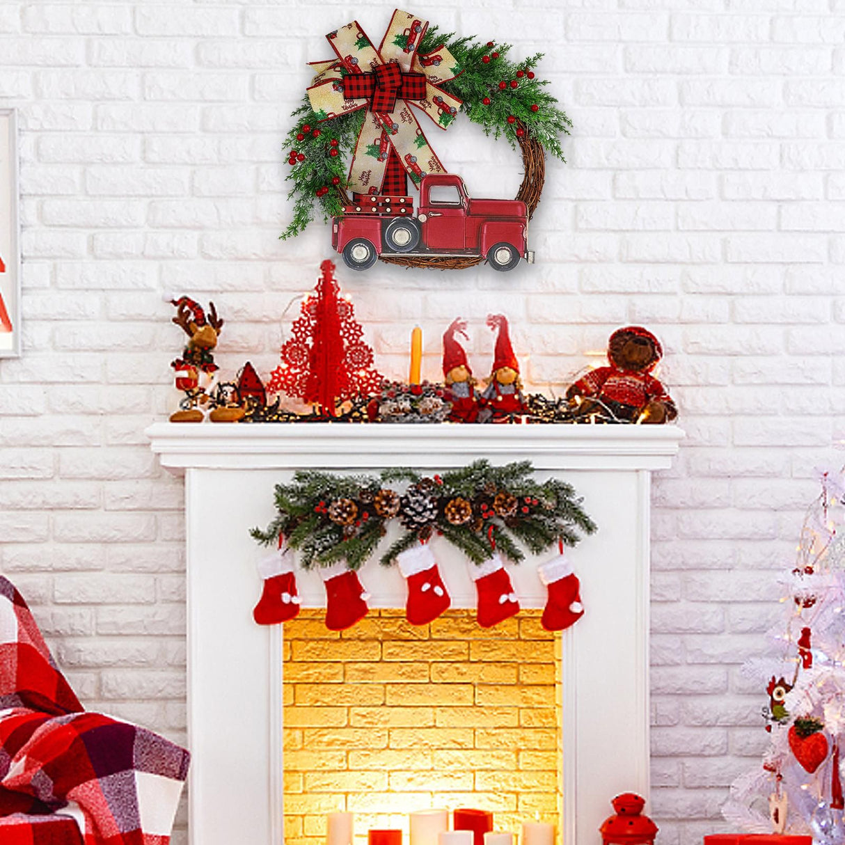 Red Truck Christmas Wreath Fall Wreath for Front Door Decorations for Farmhouse Autumns Harvest Halloween Thanksgiving