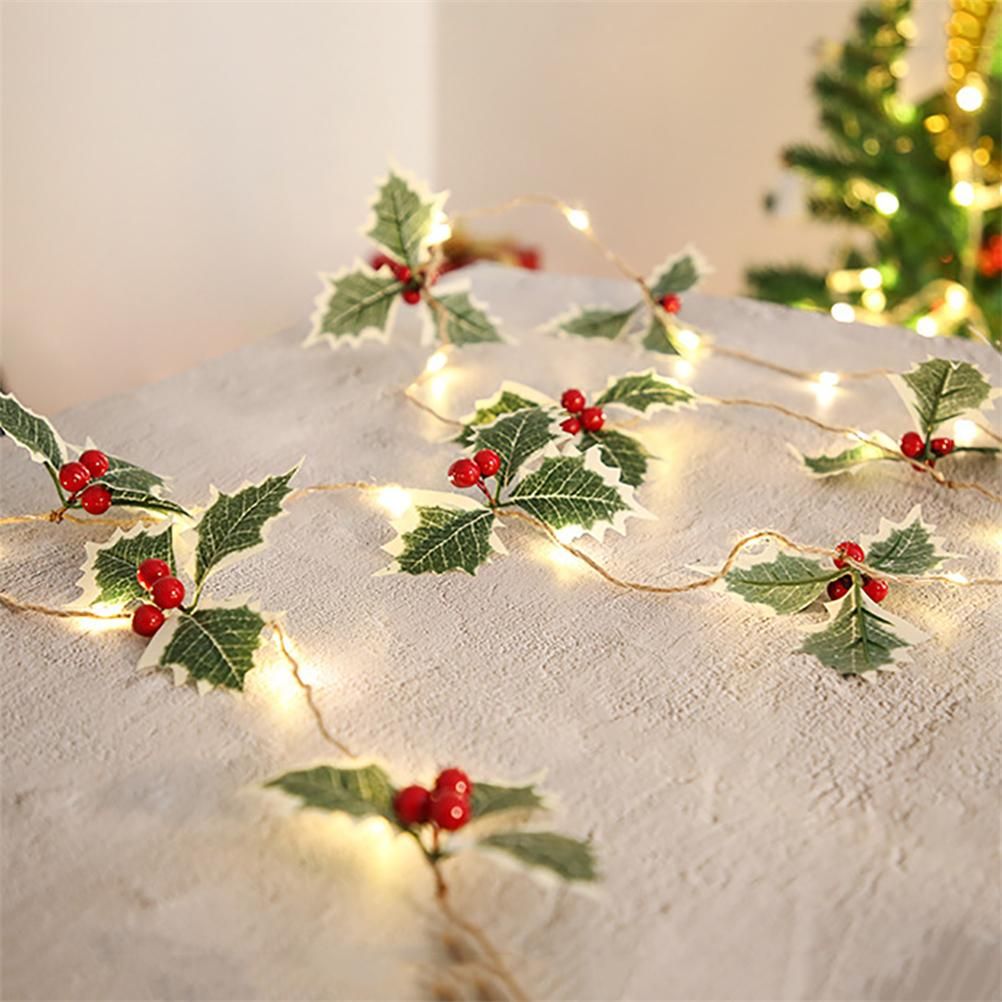 LED Christmas Decoration Light Christmas Red Fruit Leaf Copper Wire Lamp String Garland Supplies for Party and Christmas