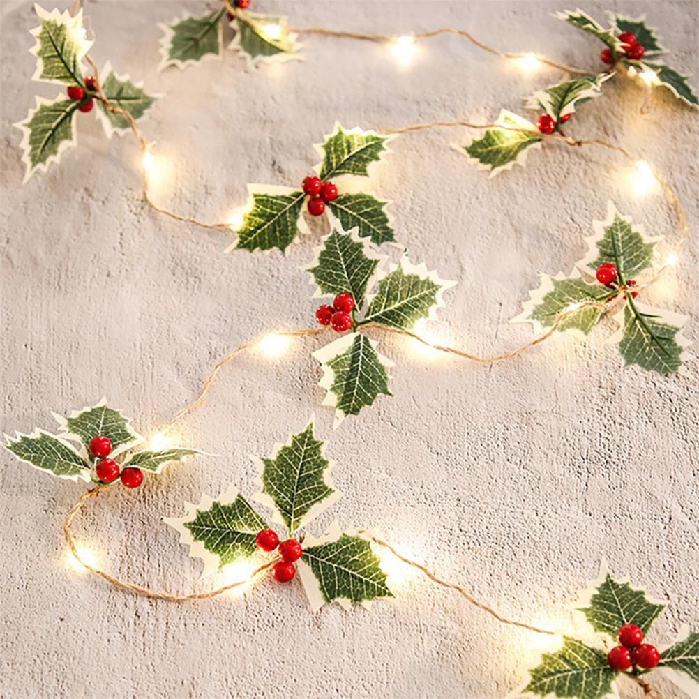 LED Christmas Decoration Light Christmas Red Fruit Leaf Copper Wire Lamp String Garland Supplies for Party and Christmas