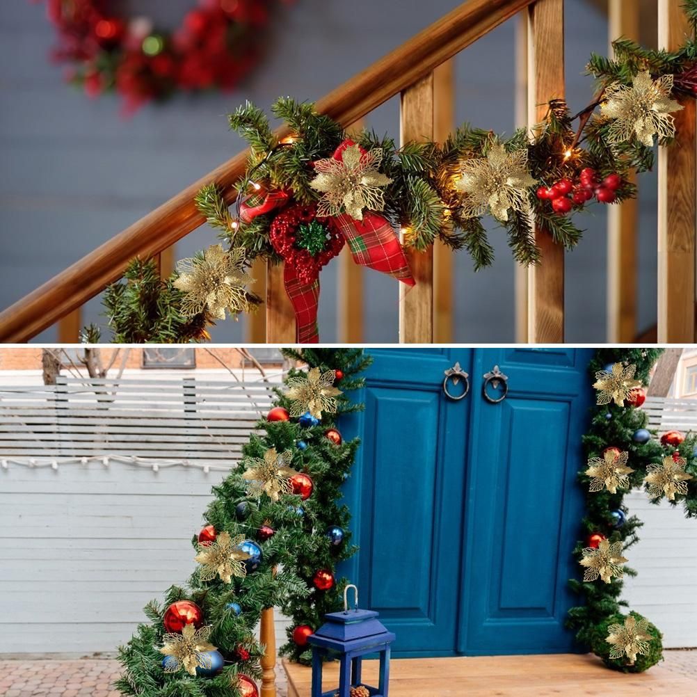 10PCS Christmas Glitter Poinsettia Flowers Christmas Decoration Reusable Artificial Flowers