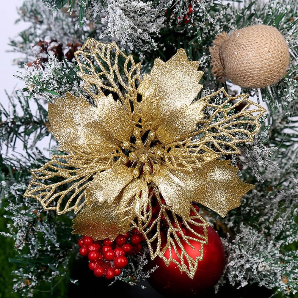10PCS Christmas Glitter Poinsettia Flowers Christmas Decoration Reusable Artificial Flowers