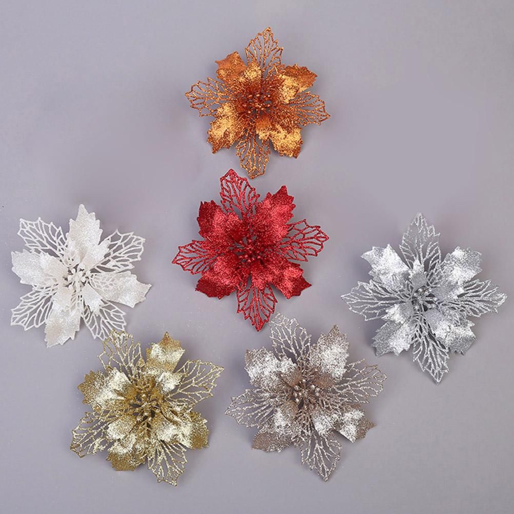 10PCS Christmas Glitter Poinsettia Flowers Christmas Decoration Reusable Artificial Flowers