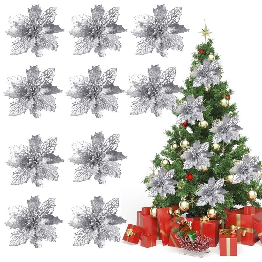 10PCS Christmas Glitter Poinsettia Flowers Christmas Decoration Reusable Artificial Flowers