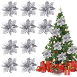 10PCS Christmas Glitter Poinsettia Flowers Christmas Decoration Reusable Artificial Flowers