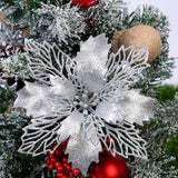 10PCS Christmas Glitter Poinsettia Flowers Christmas Decoration Reusable Artificial Flowers - Top-Down View