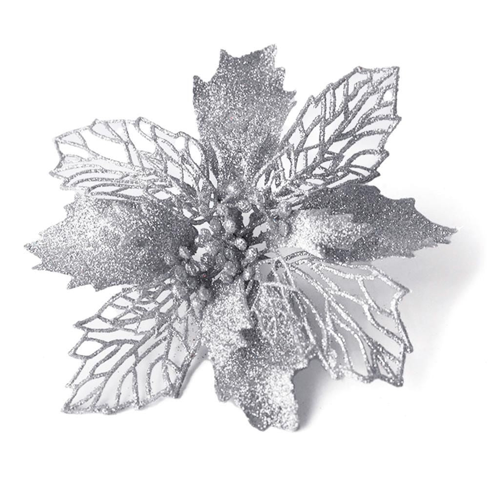 10PCS Christmas Glitter Poinsettia Flowers Christmas Decoration Reusable Artificial Flowers
