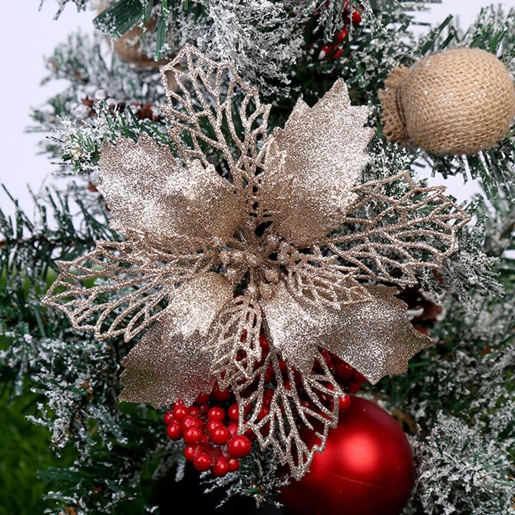 10PCS Christmas Glitter Poinsettia Flowers Christmas Decoration Reusable Artificial Flowers