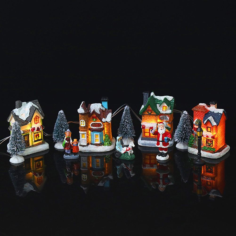 Christmas Village Set Resin Christmas Scene Village LED Lighted Miniature Houses Town Christmas Village Houses Gift