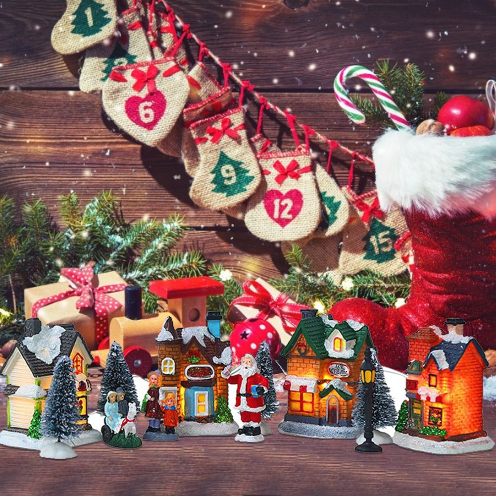 Christmas Village Set Resin Christmas Scene Village LED Lighted Miniature Houses Town Christmas Village Houses Gift